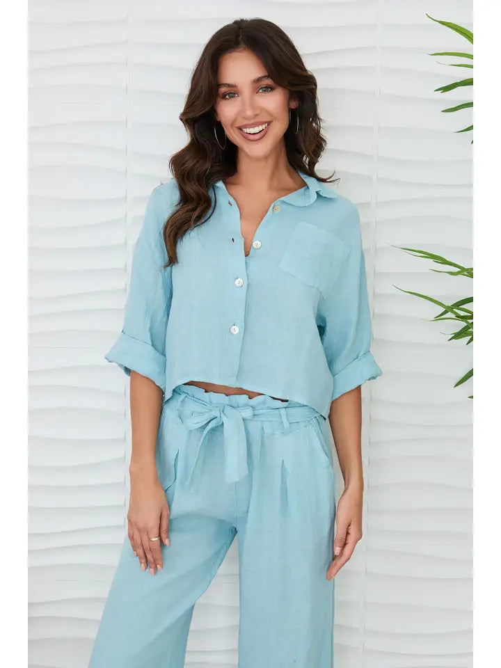 Linen Button Up Top with Front Pocket-Top-MILIO MILANO-XS-Blue Zuccero-Urbanheer