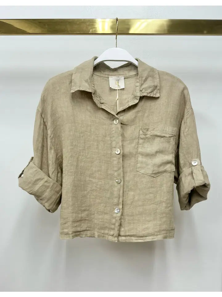 Linen Button Up Top with Front Pocket-Top-MILIO MILANO-XS-Earth Beige-Urbanheer
