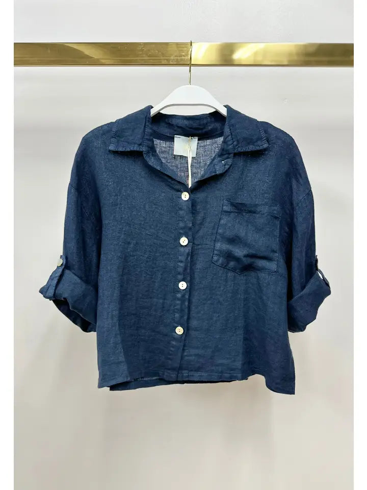 Linen Button Up Top with Front Pocket-Top-MILIO MILANO-XS-Navy-Urbanheer
