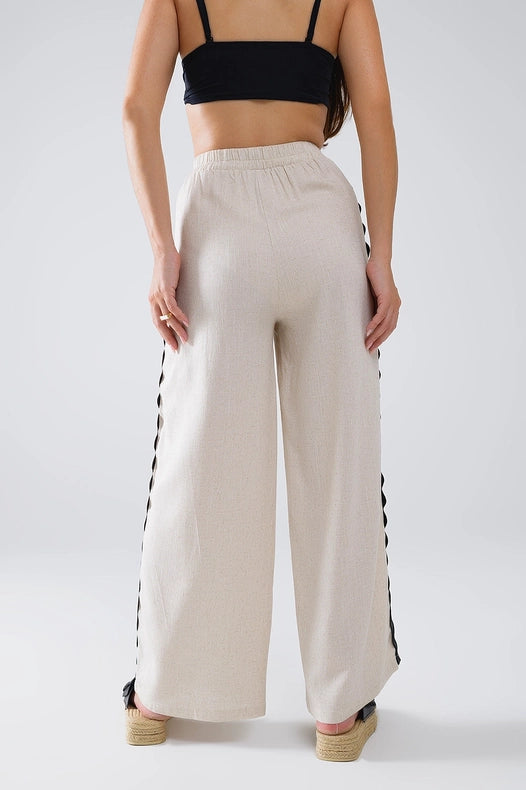Linen Contrast Scallop Trim Pants in Beige-Pants-Q2-M-Beige-Urbanheer