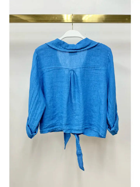 Linen Cropped Tie Blouse Blue Regatta-Blouse-MILIO MILANO-XS-Blue Regatta-Urbanheer