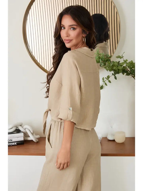 Linen Cropped Tie Blouse Earth Beige-Blouse-MILIO MILANO-XS-Earth Beige-Urbanheer