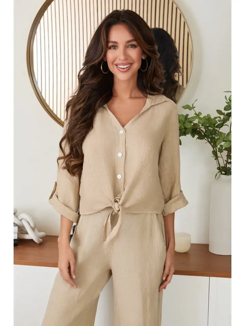 Linen Cropped Tie Blouse Earth Beige-Blouse-MILIO MILANO-XS-Earth Beige-Urbanheer