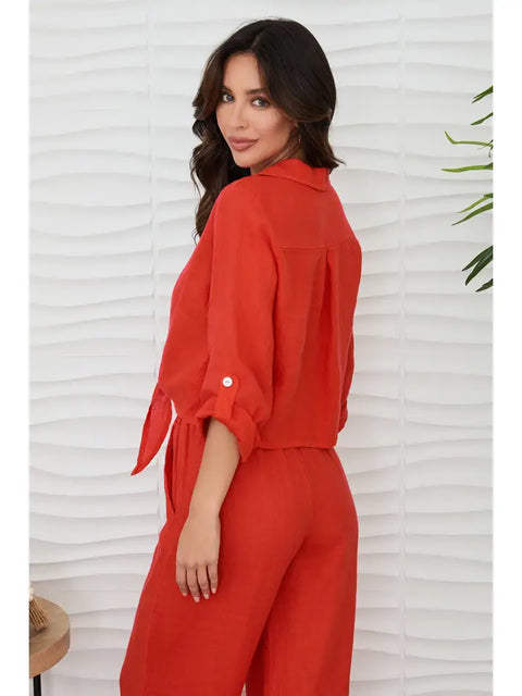 Linen Cropped Tie Blouse Red Flame-Blouse-MILIO MILANO-XS-Red Flame-Urbanheer