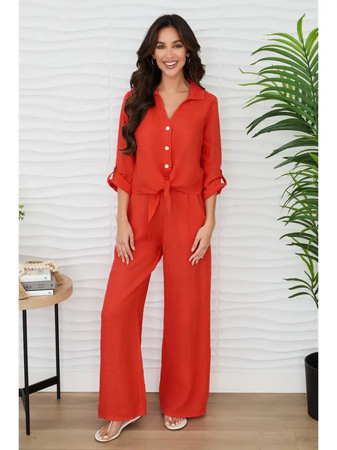 Linen Cropped Tie Blouse Red Flame-Blouse-MILIO MILANO-XS-Red Flame-Urbanheer