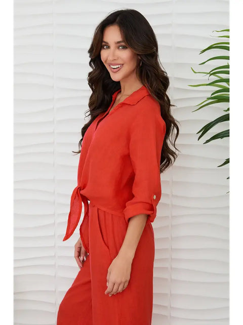 Linen Cropped Tie Blouse Red Flame-Blouse-MILIO MILANO-XS-Red Flame-Urbanheer