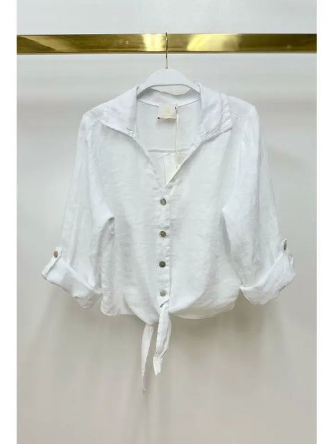 Linen Cropped Tie Blouse White-Blouse-MILIO MILANO-XS-White-Urbanheer