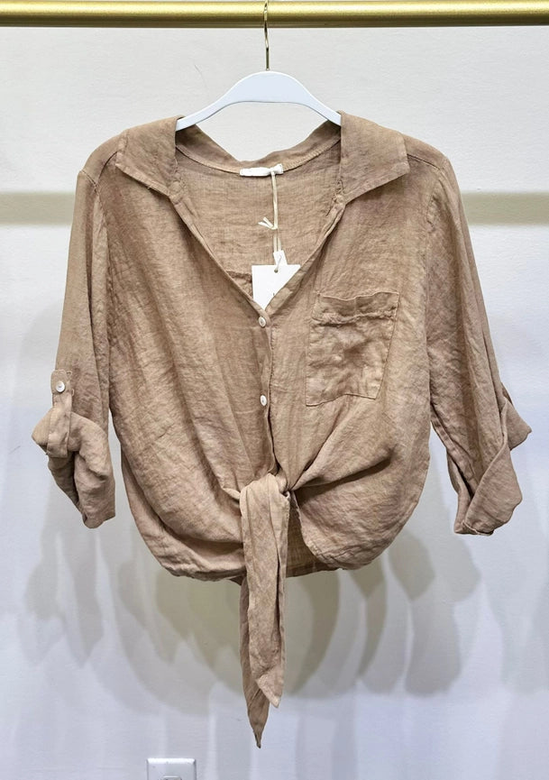 Linen Front Tie Button Shirt-Shirt-MILIO MILANO-S-Camel-Urbanheer