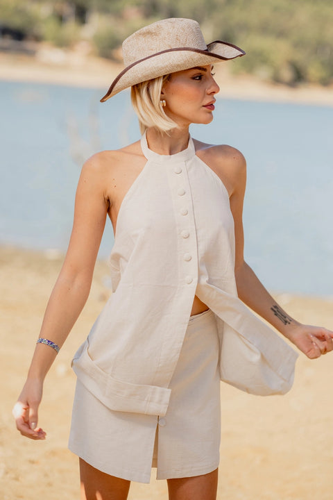 Linen Halter Neck Vest Top and Shorts Two Piece Set