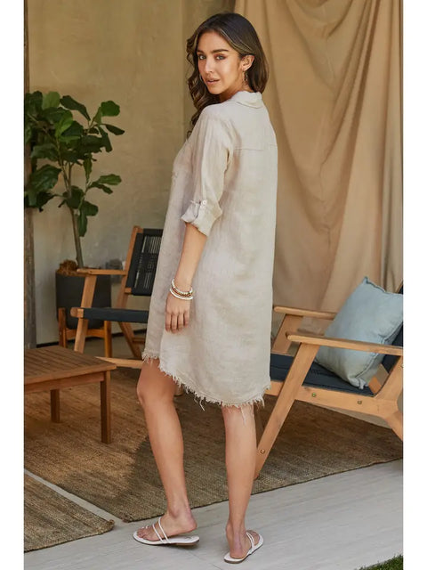 Linen L/S Button Down Mid-Length Dress Beige-Dress-MILIO MILANO-XS-Beige-Urbanheer