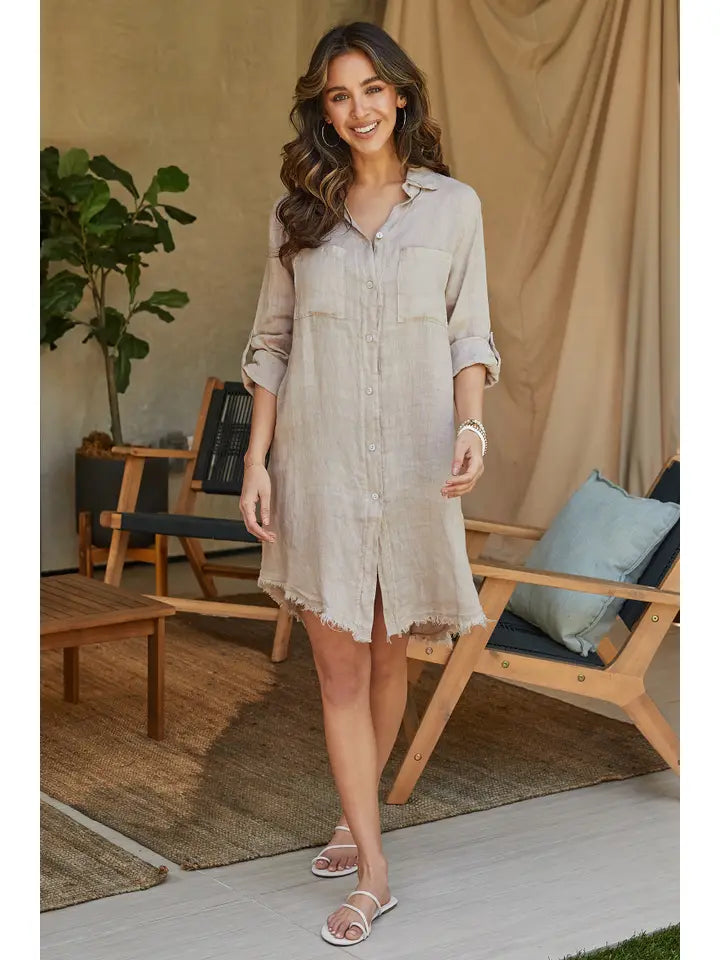 Linen L/S Button Down Mid-Length Dress Beige-Dress-MILIO MILANO-XS-Beige-Urbanheer