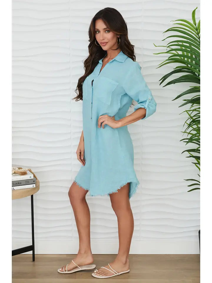 Linen L/S Button Down Mid-Length Dress Blue Zuccero-Dress-MILIO MILANO-XS-Blue Zuccero-Urbanheer