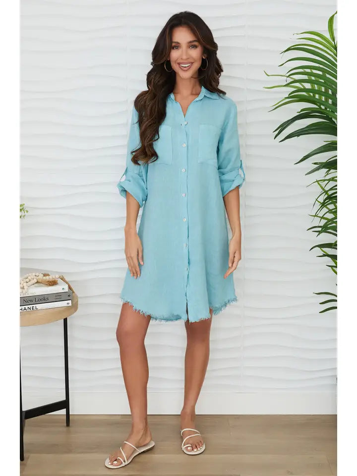 Linen L/S Button Down Mid-Length Dress Blue Zuccero-Dress-MILIO MILANO-XS-Blue Zuccero-Urbanheer