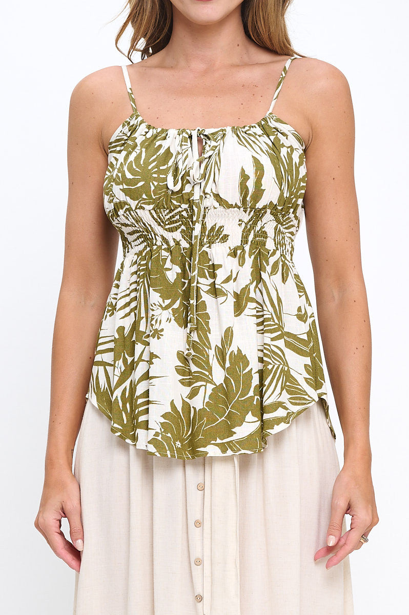 Linen Leaf Print Spaghetti Strap Top with Smock Detail-New Arrival-Reneecollection-Small-OLIVE-Urbanheer