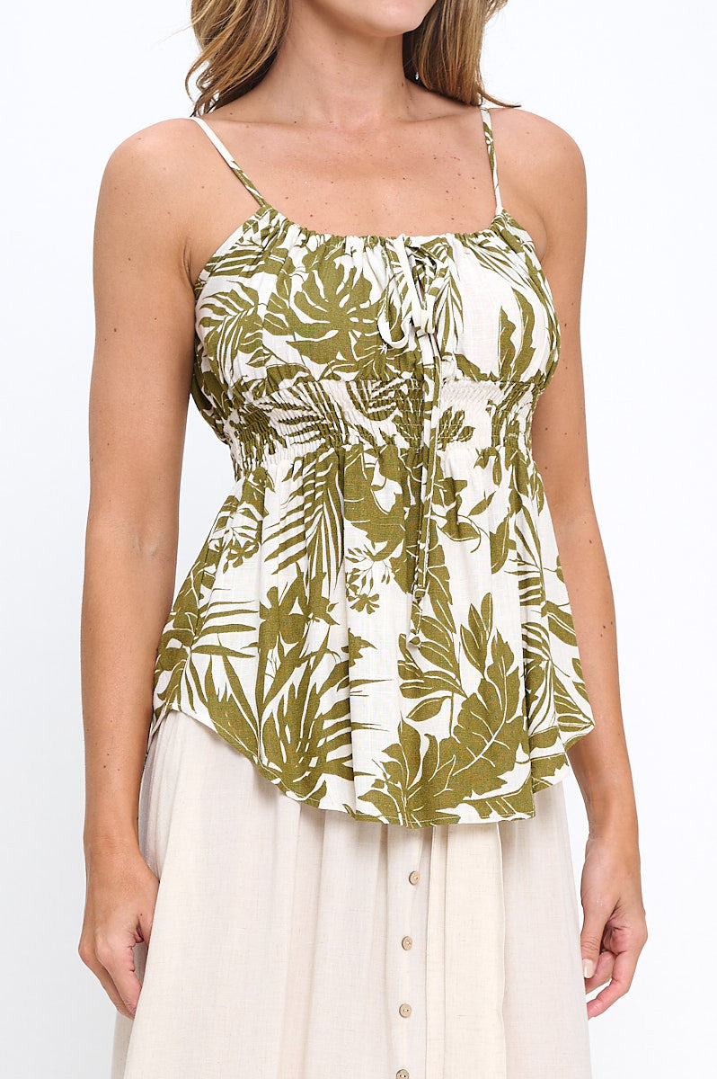 Linen Leaf Print Spaghetti Strap Top with Smock Detail-New Arrival-Reneecollection-Small-OLIVE-Urbanheer