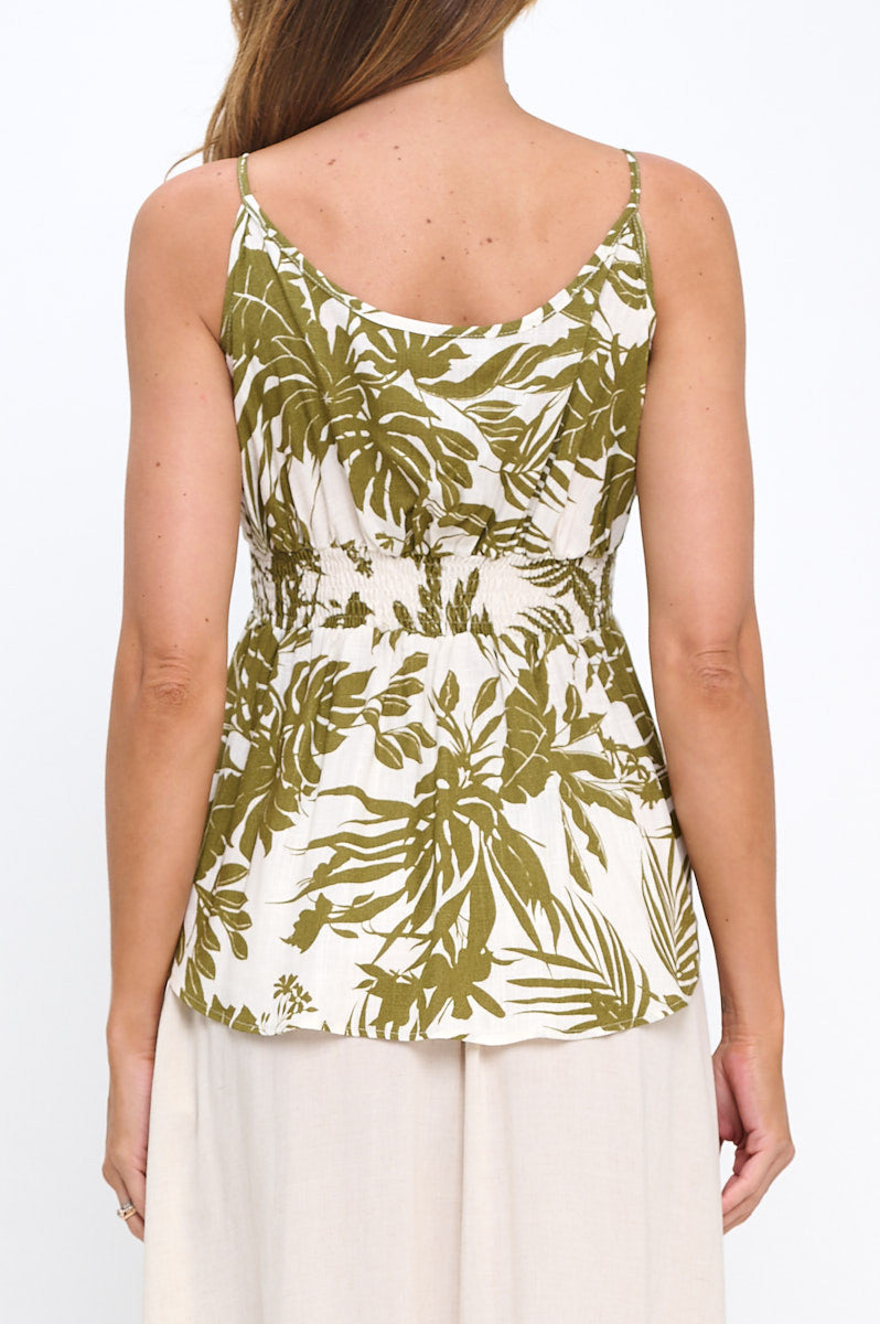 Linen Leaf Print Spaghetti Strap Top with Smock Detail-New Arrival-Reneecollection-Small-OLIVE-Urbanheer