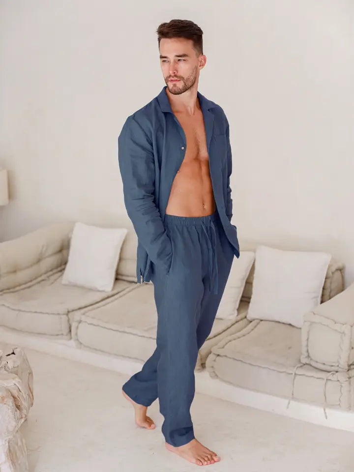 Linen Mens Pajama Set Vigo in Deep Navy Blue-Pajama Set-MagicLinen-S-Deep Navy Blue-Urbanheer
