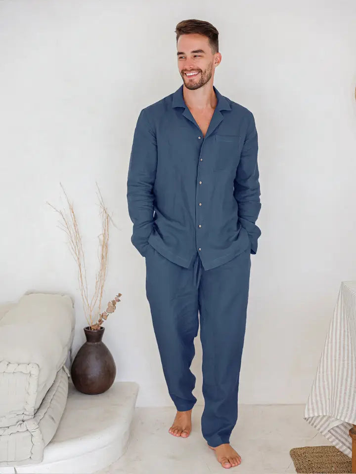 Linen Mens Pajama Set Vigo in Deep Navy Blue-Pajama Set-MagicLinen-S-Deep Navy Blue-Urbanheer