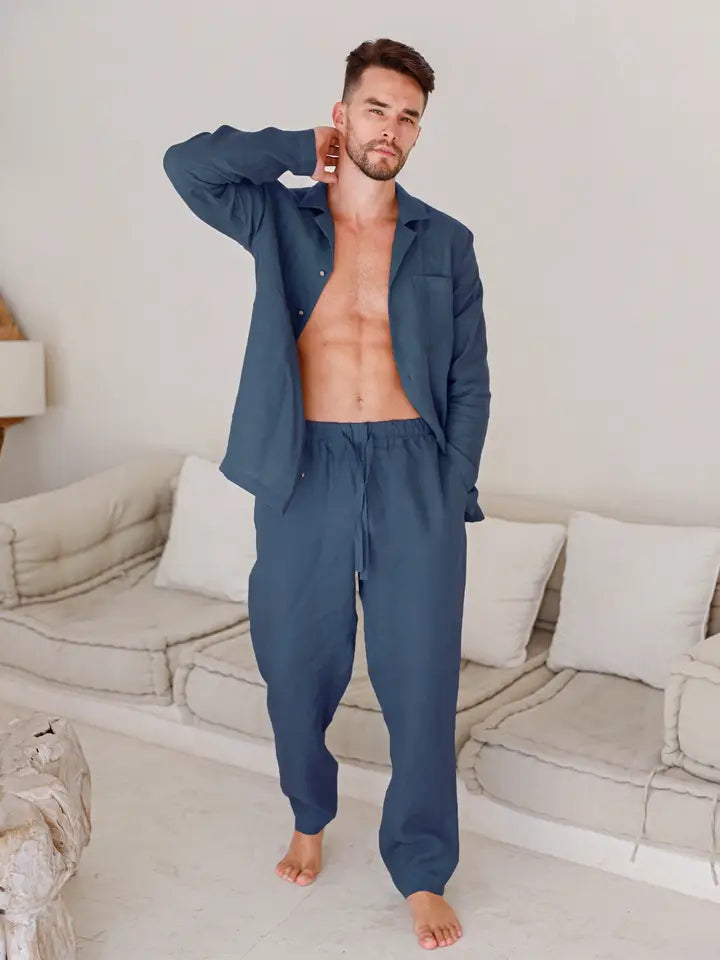 Linen Mens Pajama Set Vigo in Deep Navy Blue-Pajama Set-MagicLinen-S-Deep Navy Blue-Urbanheer