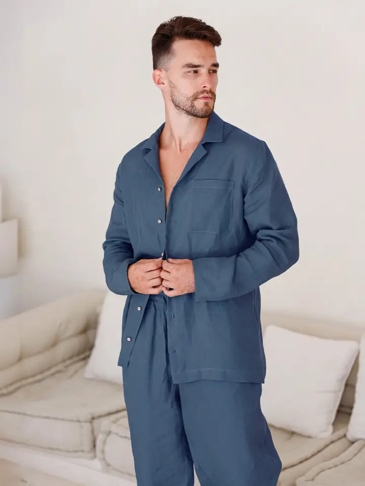 Linen Mens Pajama Set Vigo in Deep Navy Blue-Pajama Set-MagicLinen-S-Deep Navy Blue-Urbanheer