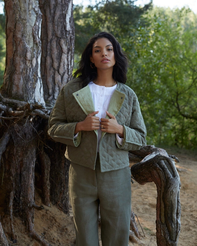 Linen Quilted Jacket Bosa in Dark Green-Jacket-MagicLinen-XS-Urbanheer
