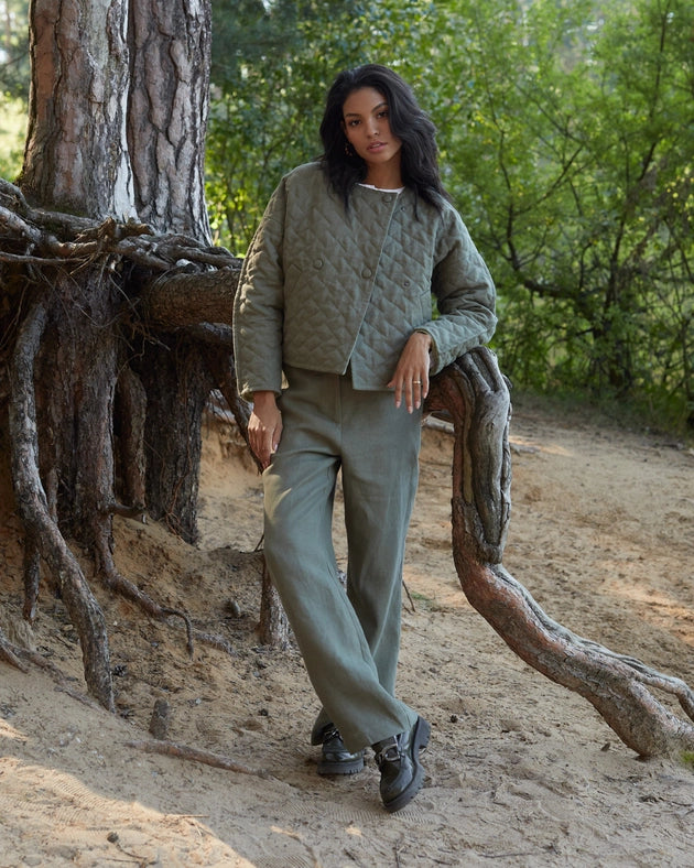 Linen Quilted Jacket Bosa in Dark Green-Jacket-MagicLinen-XS-Urbanheer