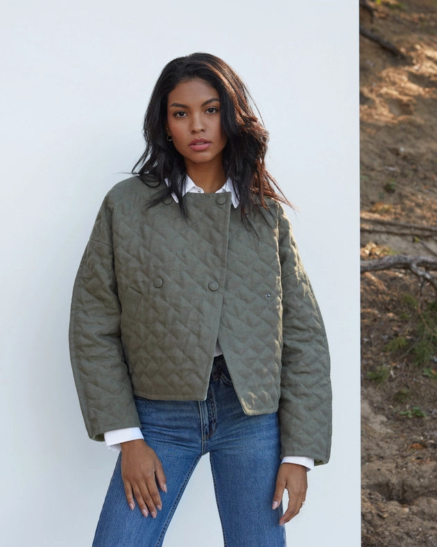 Linen Quilted Jacket Bosa in Dark Green-Jacket-MagicLinen-XS-Urbanheer