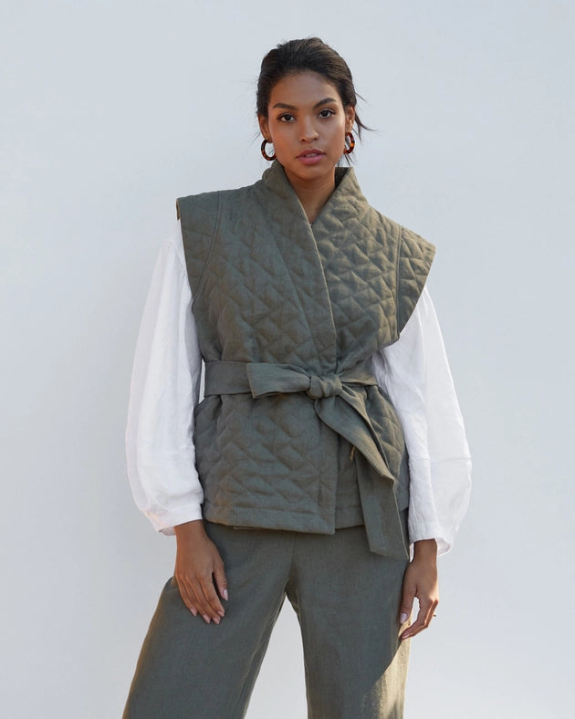 Linen Quilted Vest Fonni in Dark Green-Vest-MagicLinen-XS-Urbanheer