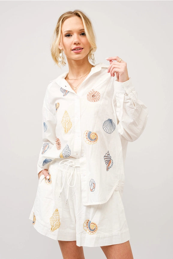 Linen Blend Seashell Embroidered Button-Up Set-Set-Blue B-S-OFF WHITE-Urbanheer
