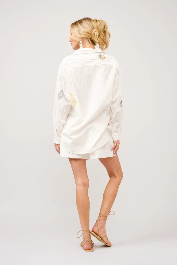 Linen Blend Seashell Embroidered Button-Up Set-Set-Blue B-S-OFF WHITE-Urbanheer