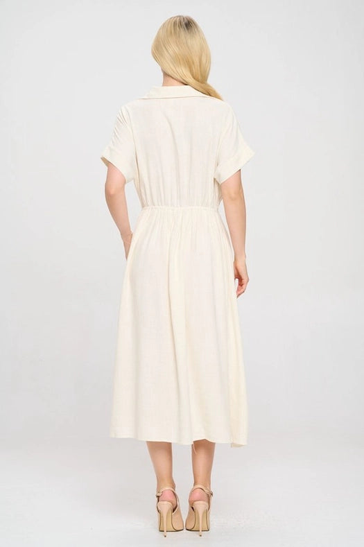 Linen Solid Collared V Neck Dress with Pockets-Dress-Renee C.-S-Linen-Urbanheer