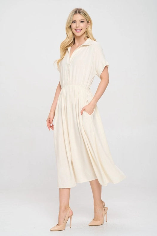 Linen Solid Collared V Neck Dress with Pockets-Dress-Renee C.-S-Linen-Urbanheer