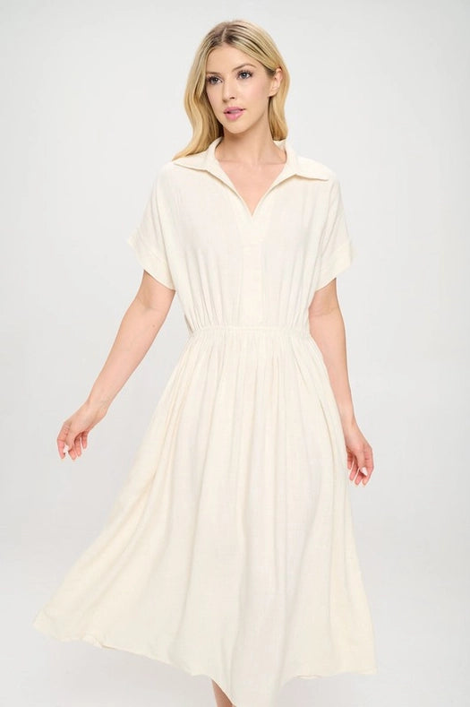 Linen Solid Collared V Neck Dress with Pockets-Dress-Renee C.-S-Linen-Urbanheer