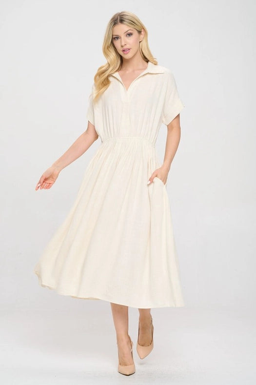 Linen Solid Collared V Neck Dress with Pockets-Dress-Renee C.-S-Linen-Urbanheer