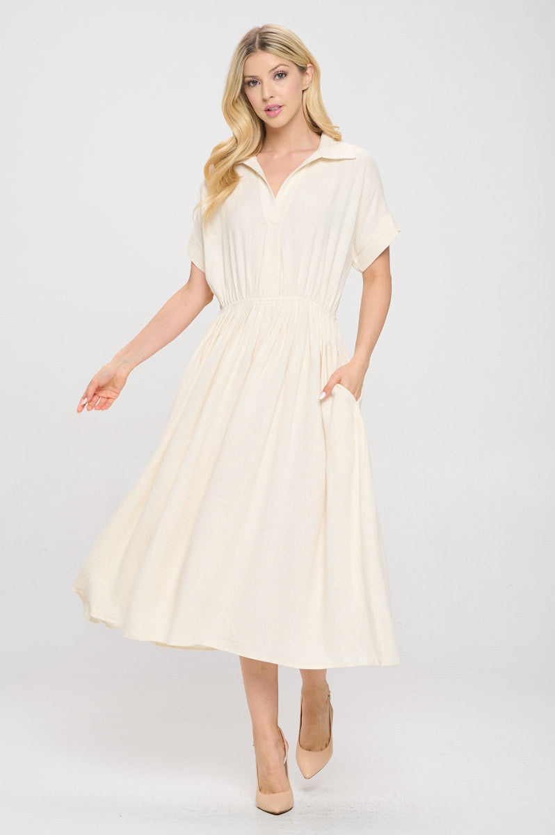 Linen Solid Collared V neck Dress with Pockets-Dresses-Reneecollection-Small-LINEN-Urbanheer