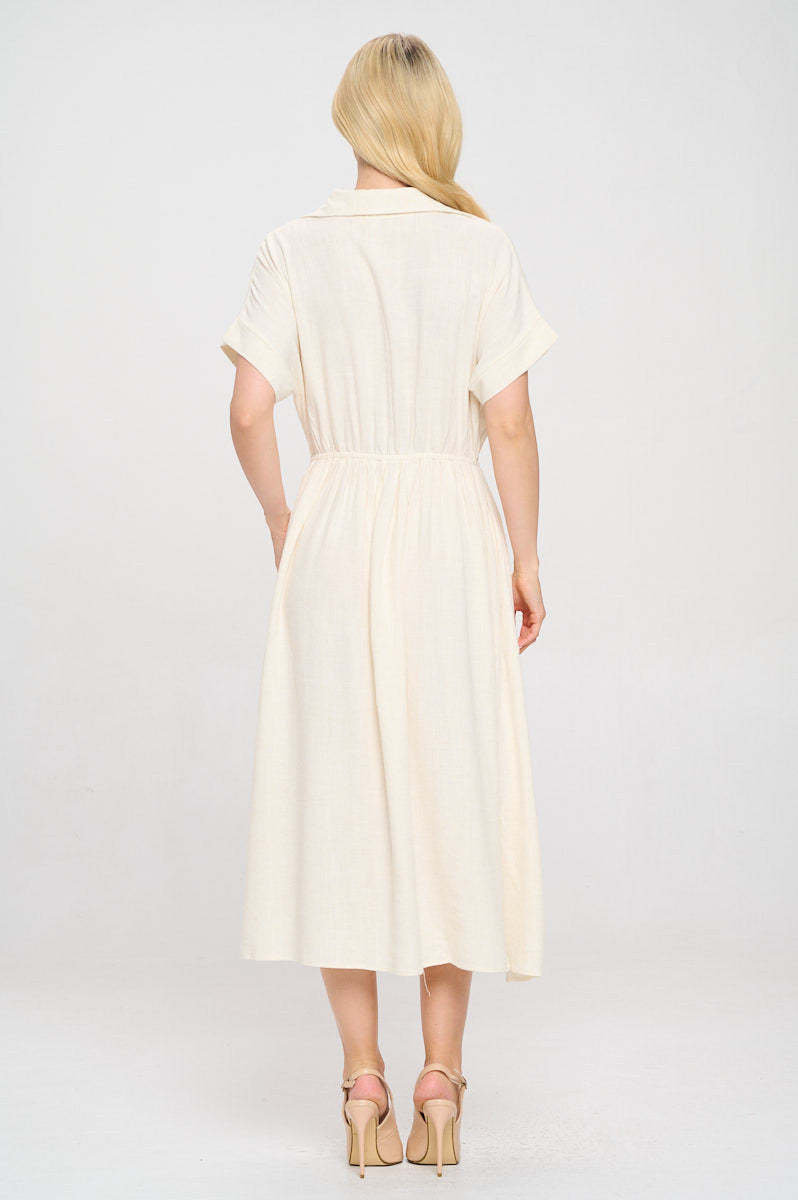 Linen Solid Collared V neck Dress with Pockets-Dresses-Reneecollection-Small-LINEN-Urbanheer