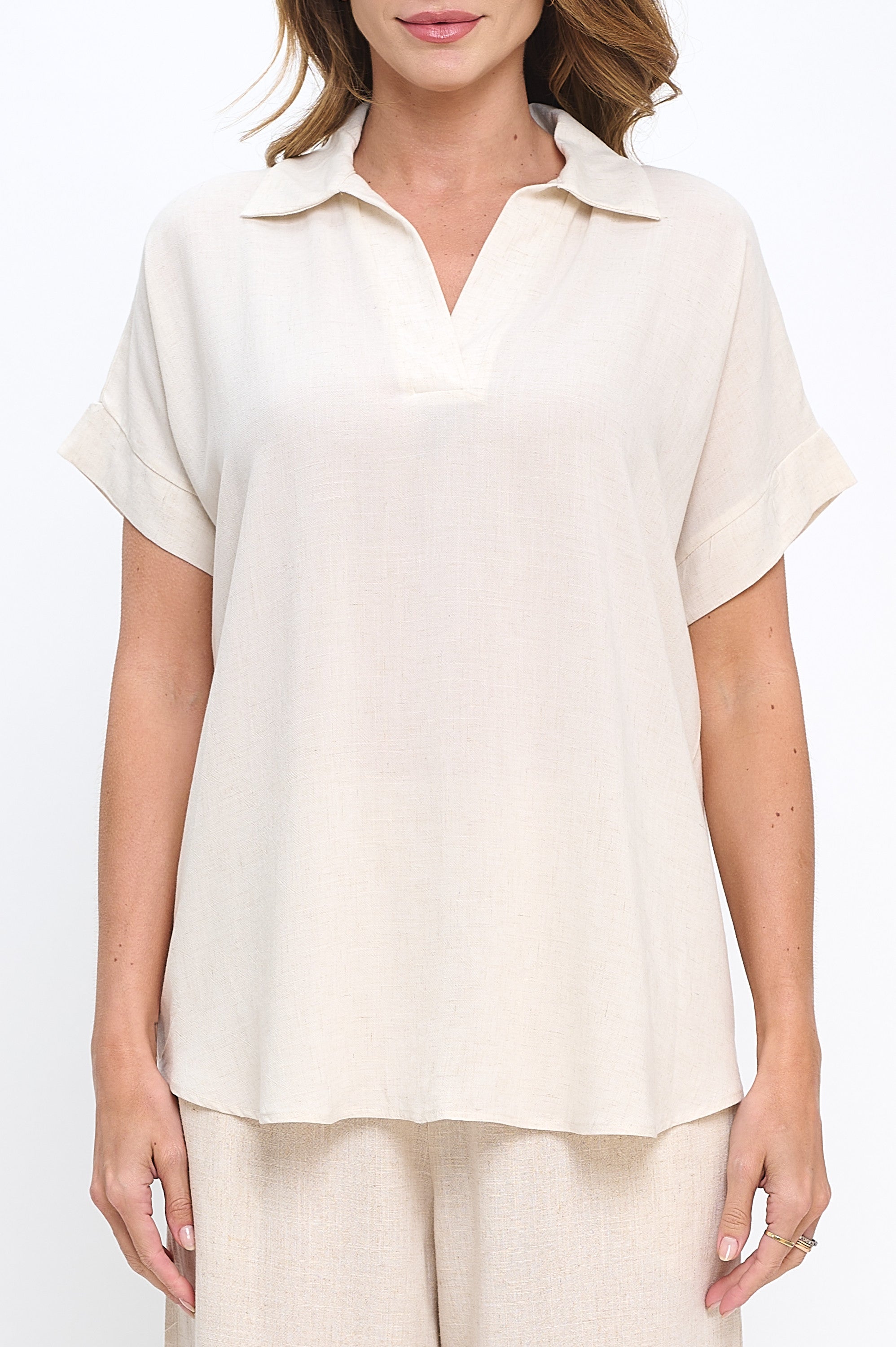 Linen Solid V neck Collared Short Sleeve Top-New Arrival-Reneecollection-Small-LINEN-Urbanheer