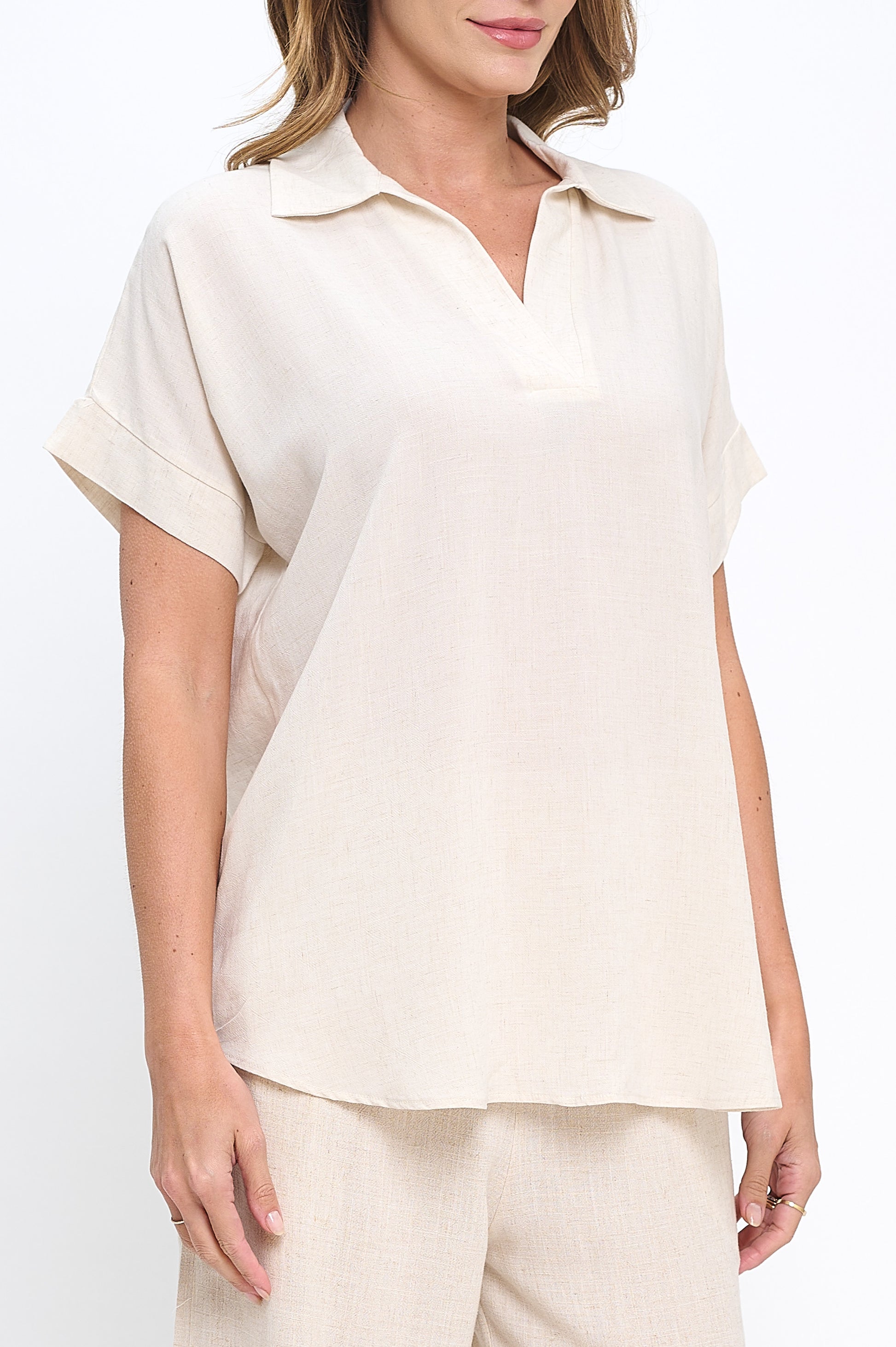 Linen Solid V neck Collared Short Sleeve Top-New Arrival-Reneecollection-Small-LINEN-Urbanheer