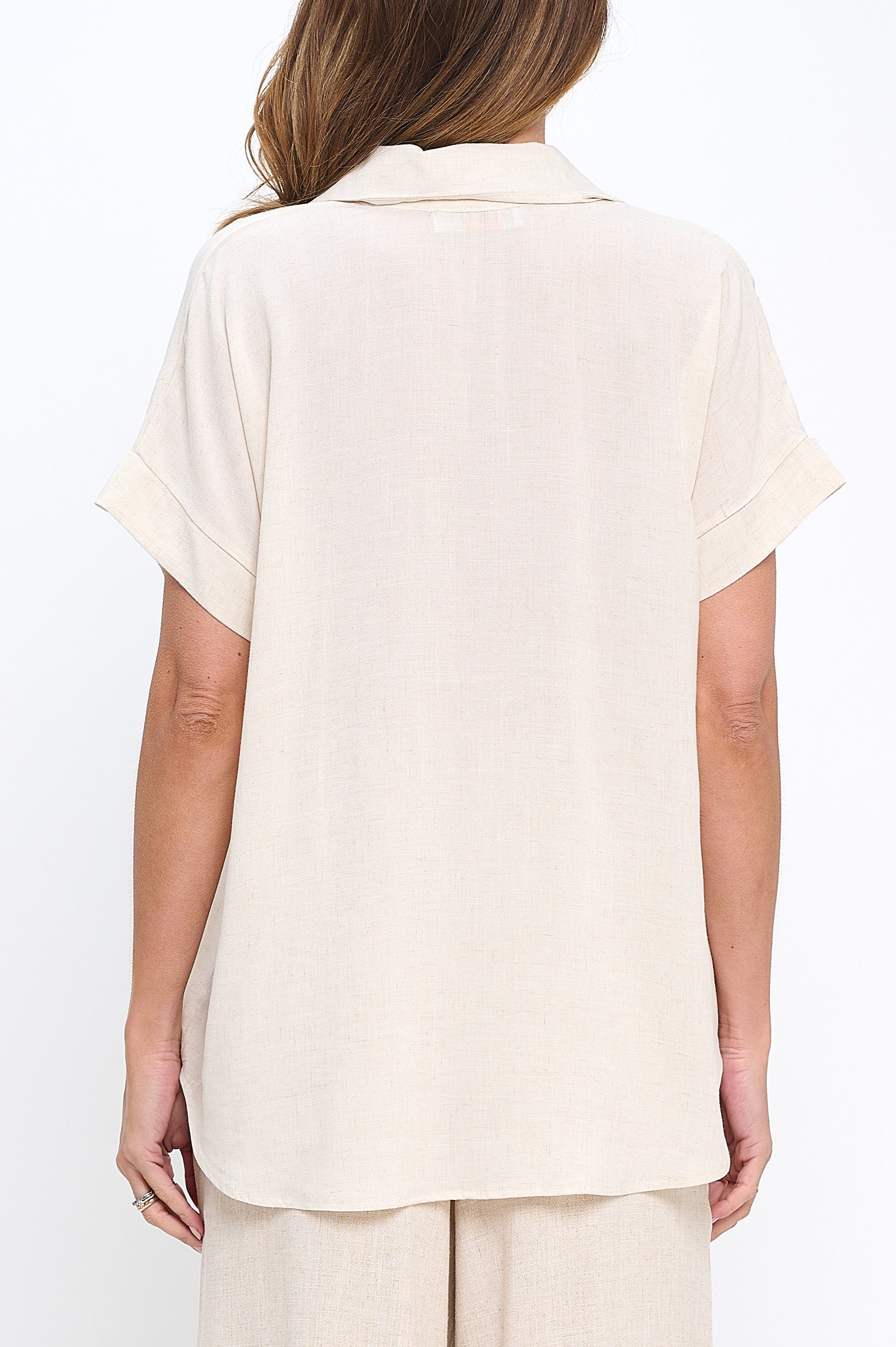 Linen Solid V neck Collared Short Sleeve Top-New Arrival-Reneecollection-Small-LINEN-Urbanheer