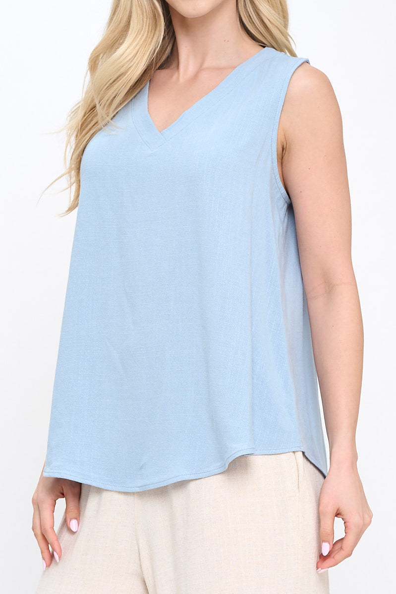 Linen Solid V neck Sleeveless Top-New Arrival-Reneecollection-Small-BLUE-Urbanheer