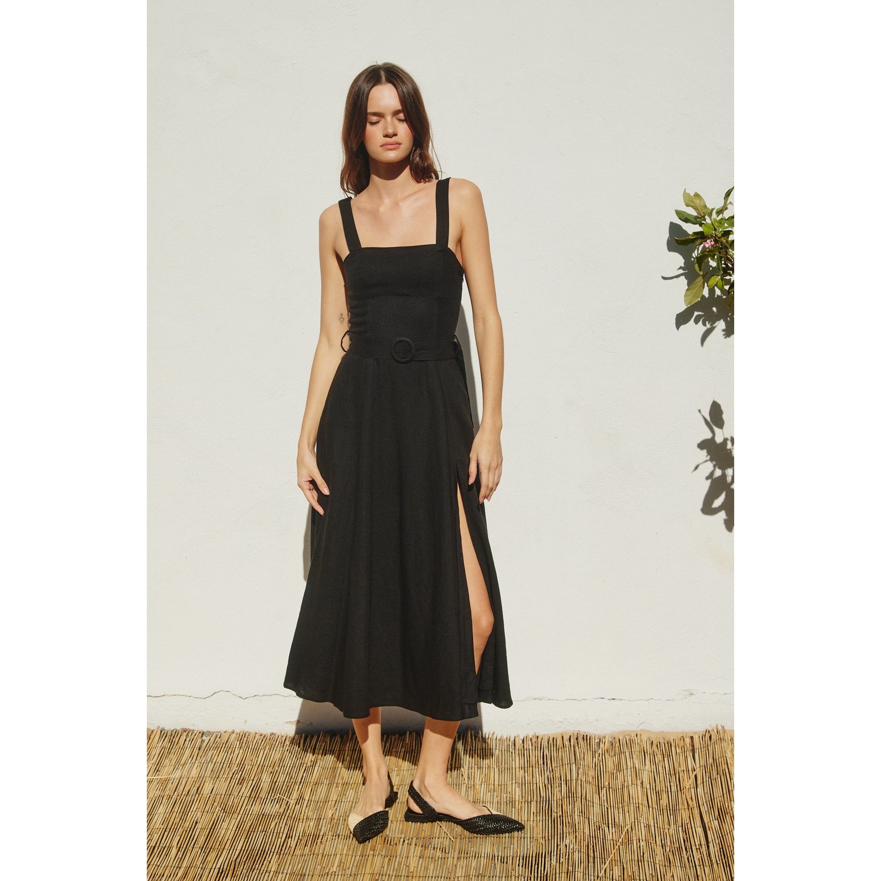 Linen Square Neck Buckle Midi Dress