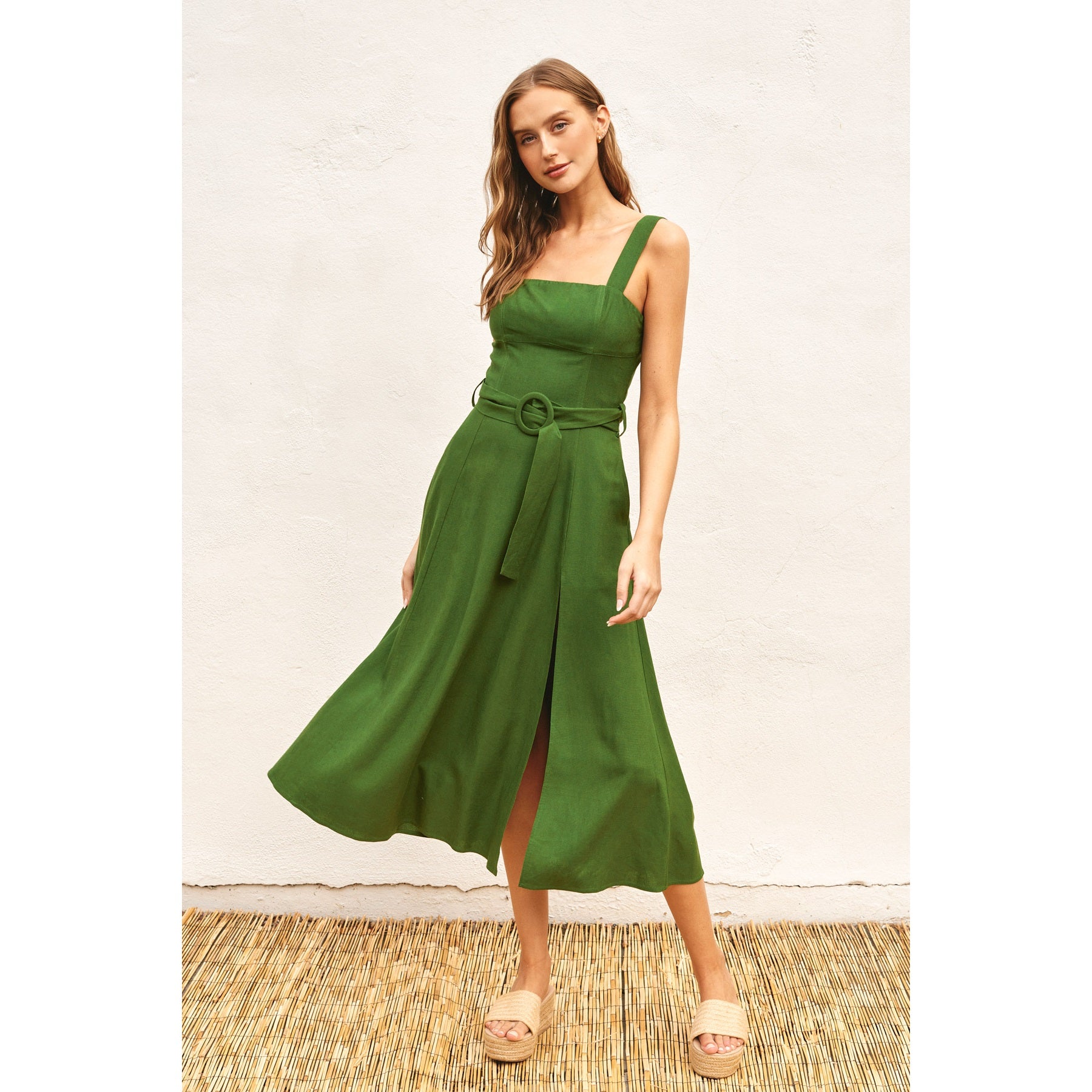 Linen Square Neck Buckle Midi Dress