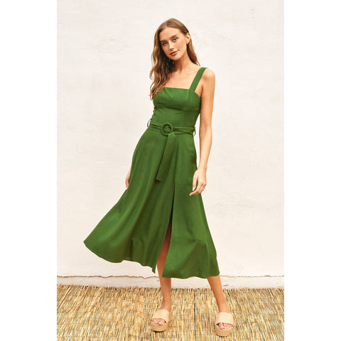 Linen Square Neck Buckle Midi Dress