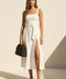 Linen Square Neck Buckle Midi Dress
