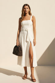 Linen Square Neck Buckle Midi Dress