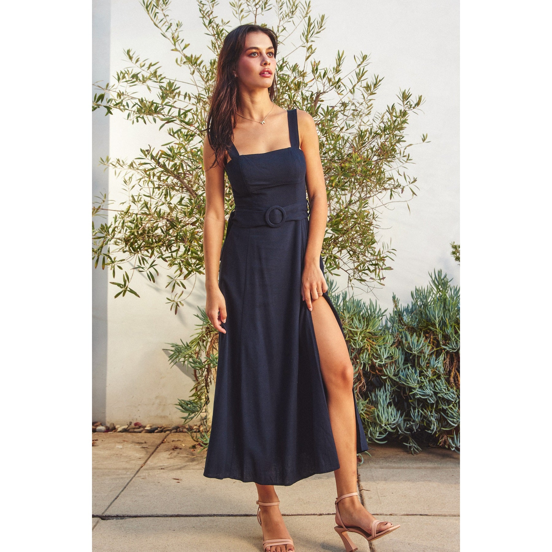 Linen Square Neck Buckle Midi Dress