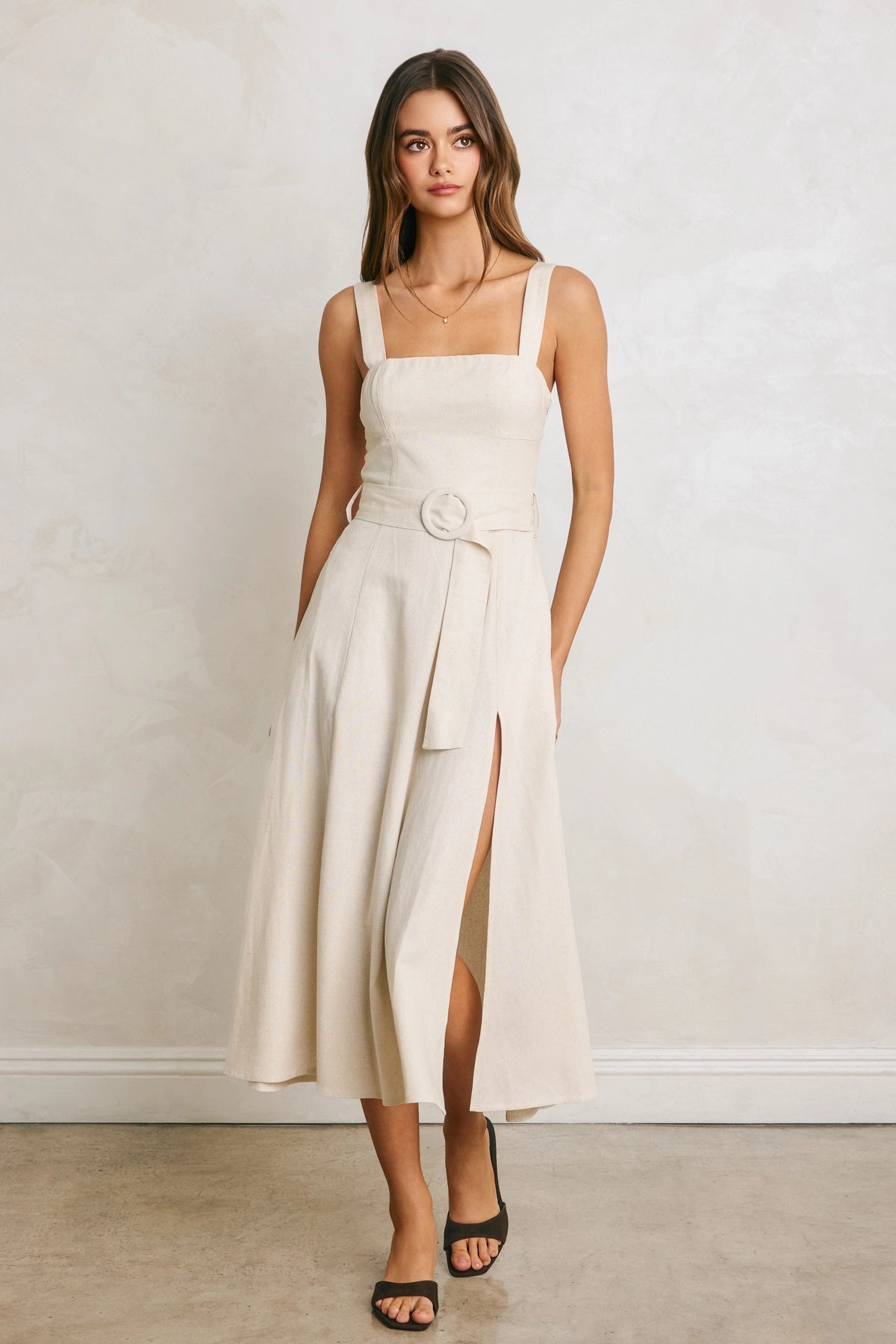 Linen Square Neck Buckle Midi Dress - Ivory
