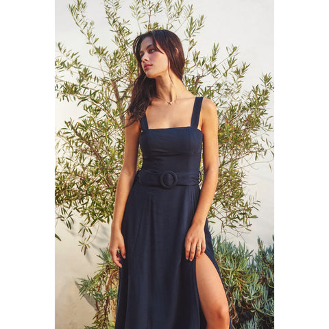 Linen Square Neck Buckle Midi Dress