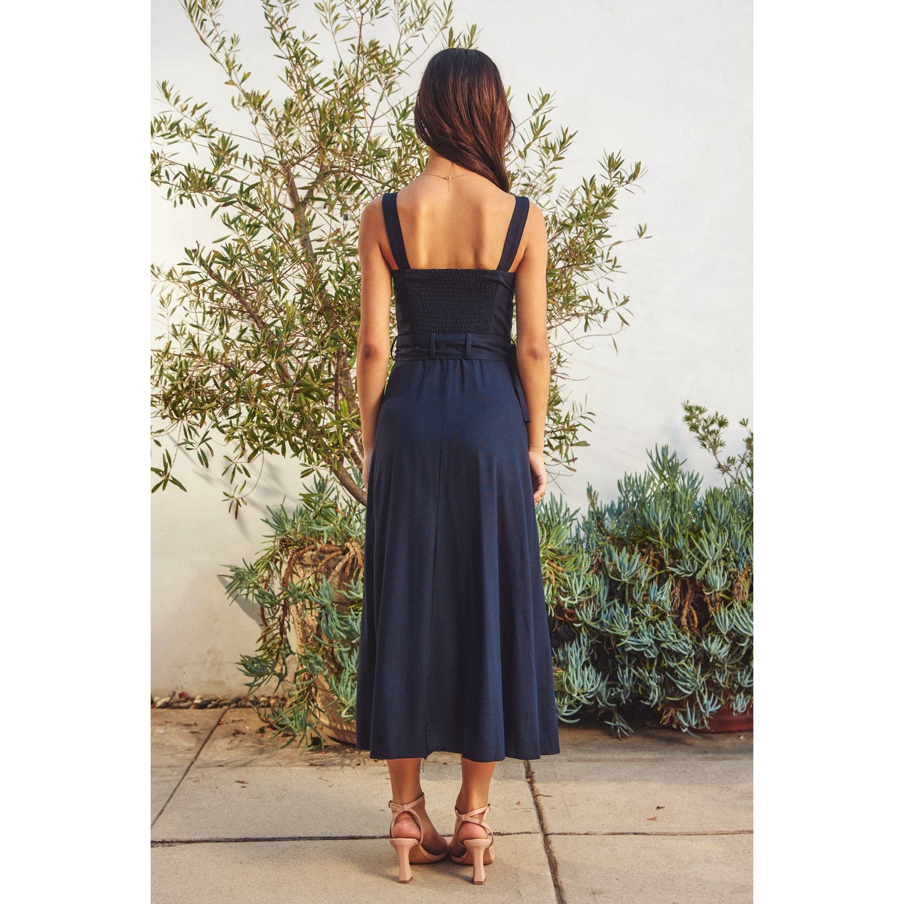 Linen Square Neck Buckle Midi Dress