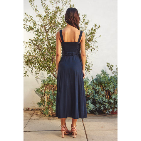 Linen Square Neck Buckle Midi Dress